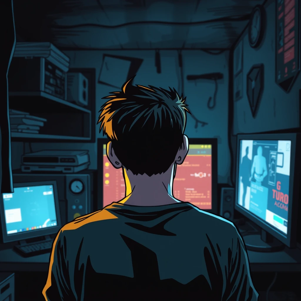 In a dark, cramped room at night, a young man is facing the computer screen with his back to the camera, playing a game in a cyberpunk comic style. - Image