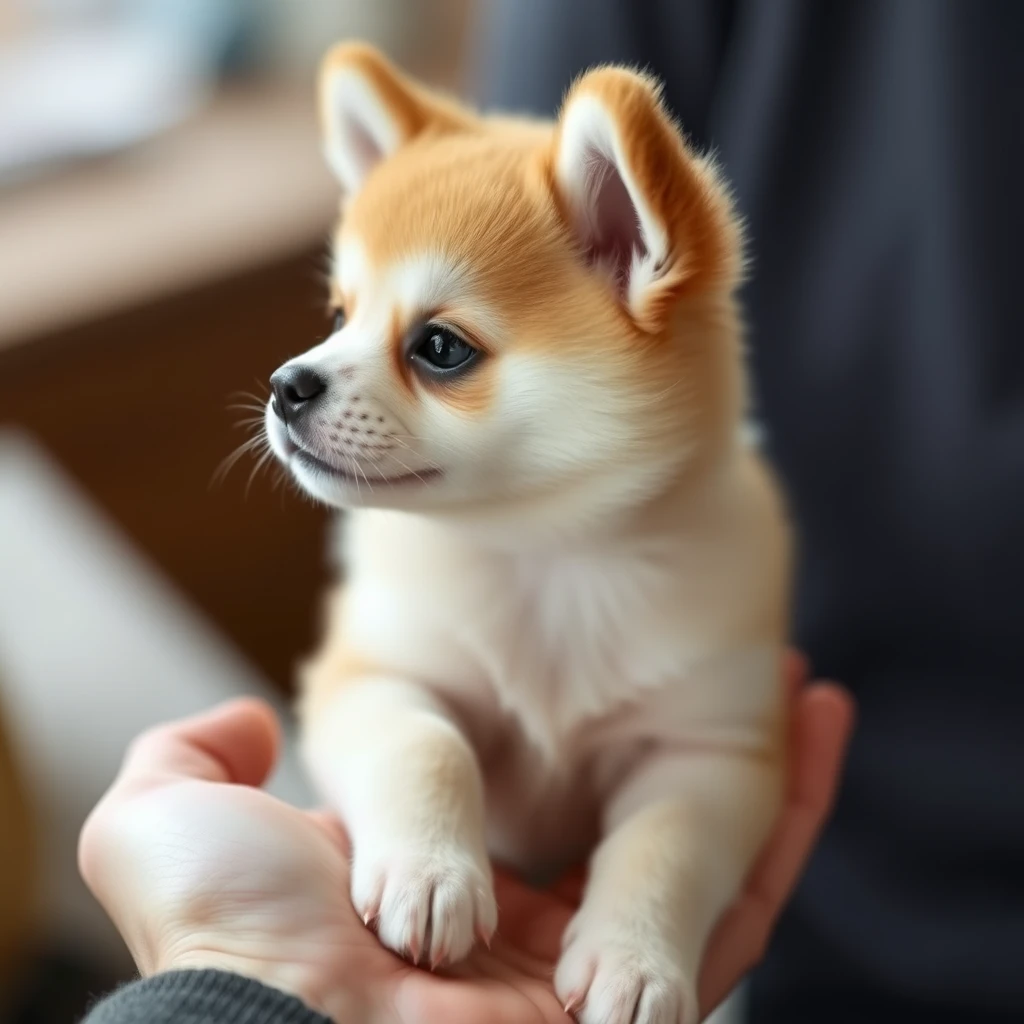 A very very very small cute Akita dog in someone's hand.