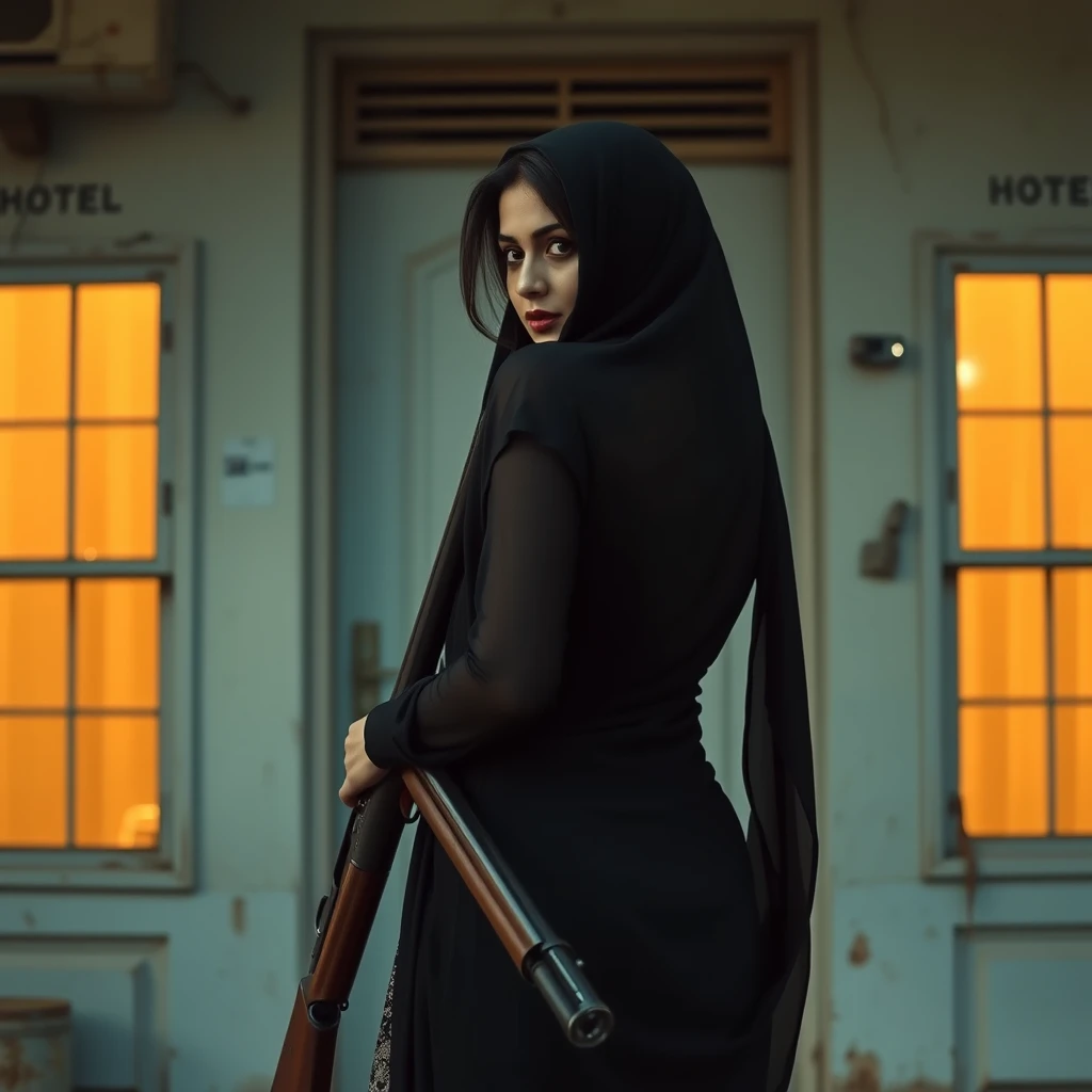 A sexy and voluptuous woman dressed in a black salwar kameez drapes over her shoulders, looking over her shoulder at the camera while holding a shotgun. She stands in front of the door of a rundown hotel, with windows illuminated from the inside during golden hour in Dhaka, Bangladesh. 4K video --ar 4:3 --s 800 --v 6.0.