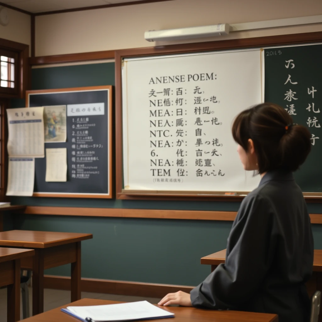 In the classroom, there is a female teacher teaching, there is Japanese language, and there are ancient poems on the blackboard.