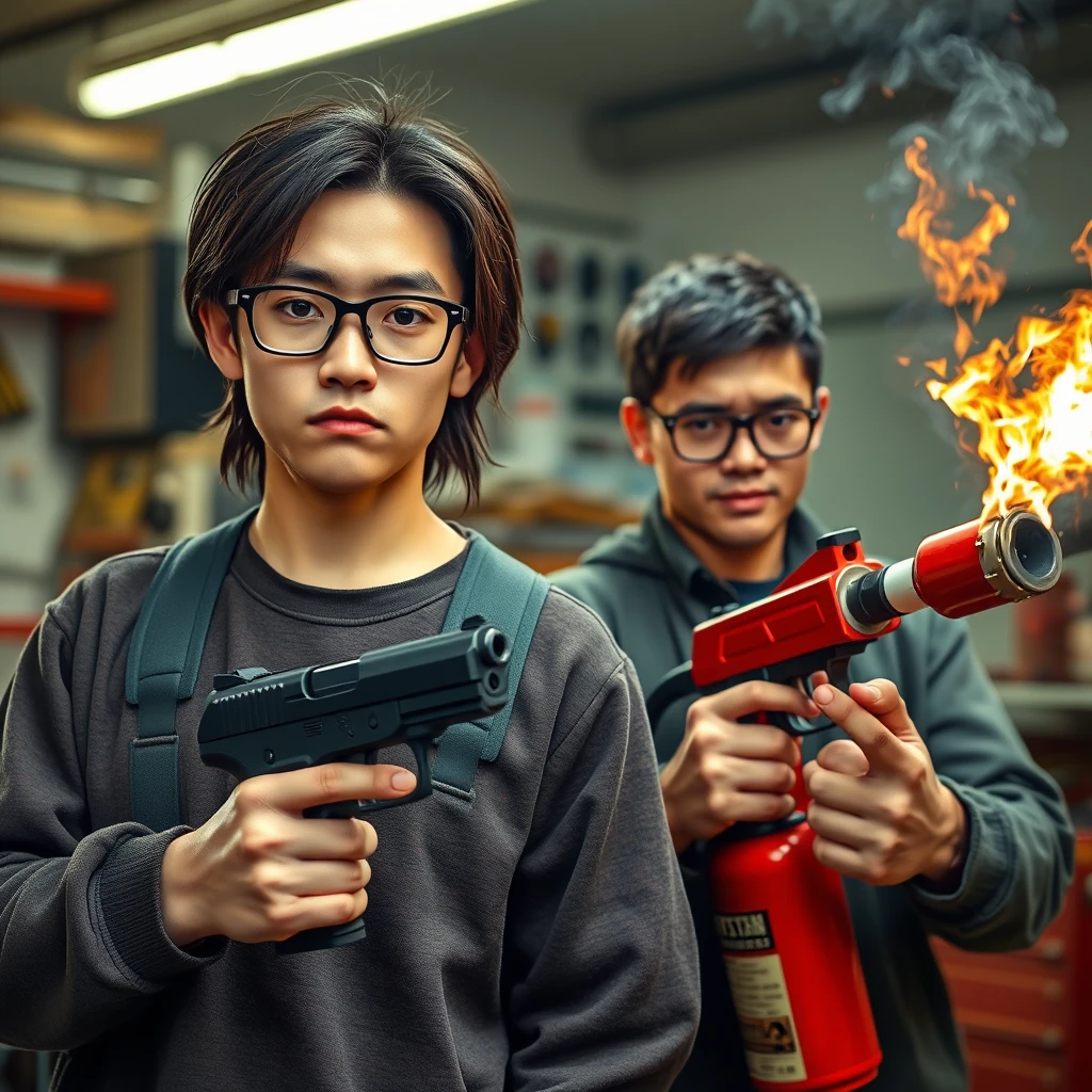 21-year-old thin, long-faced young northern Chinese man with a square chin, wearing square glasses and holding a pistol, with medium to long-length hair; 21-year-old white Italian/Caucasian man wearing round glasses and short hair, holding a very large fire extinguisher flamethrower; garage setting; both looking angry.