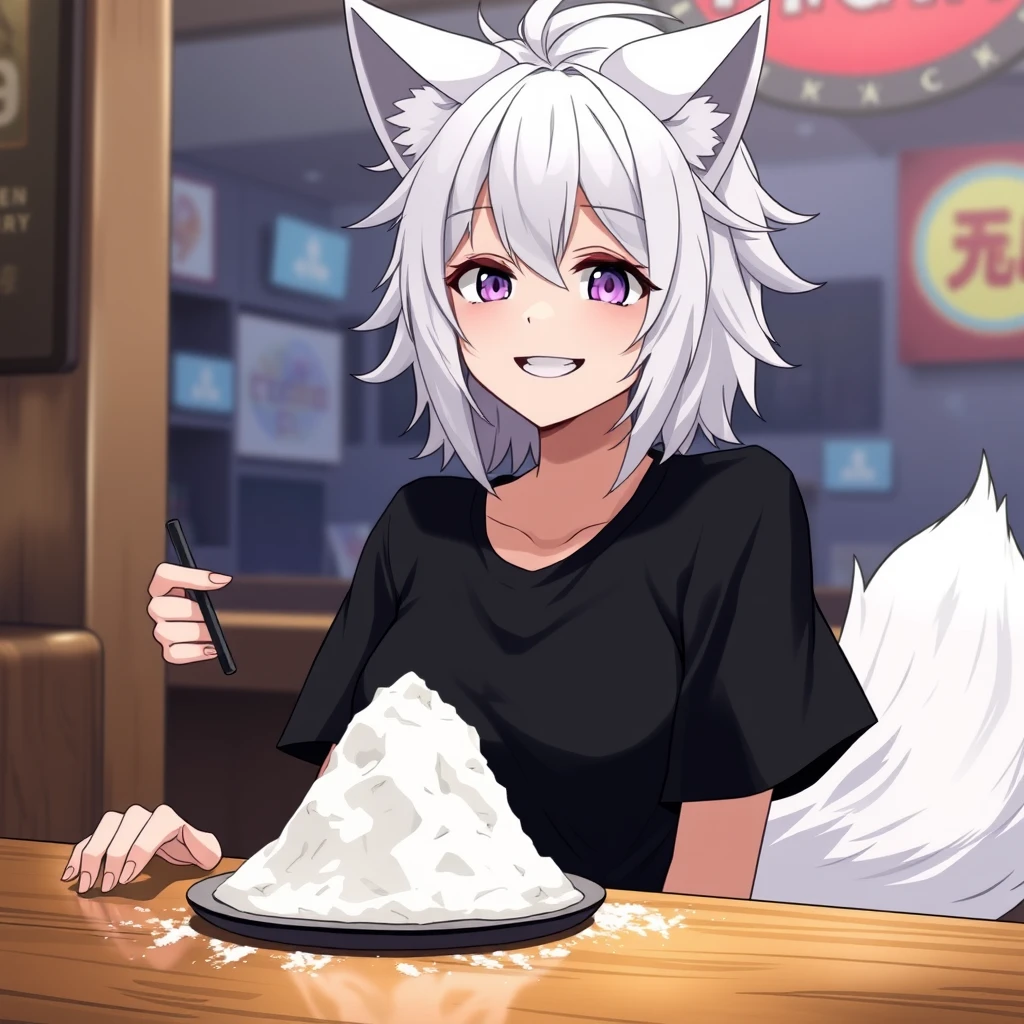 Anime woman with fluffy wolf ears and a fluffy tail, medium messy white hair, purple eyes, wearing a black t-shirt, sitting at a table in a bar. On the table is a tiny mountain of flour, and the girl looks at the flour with a big crazy smile while holding a straw in her right hand.