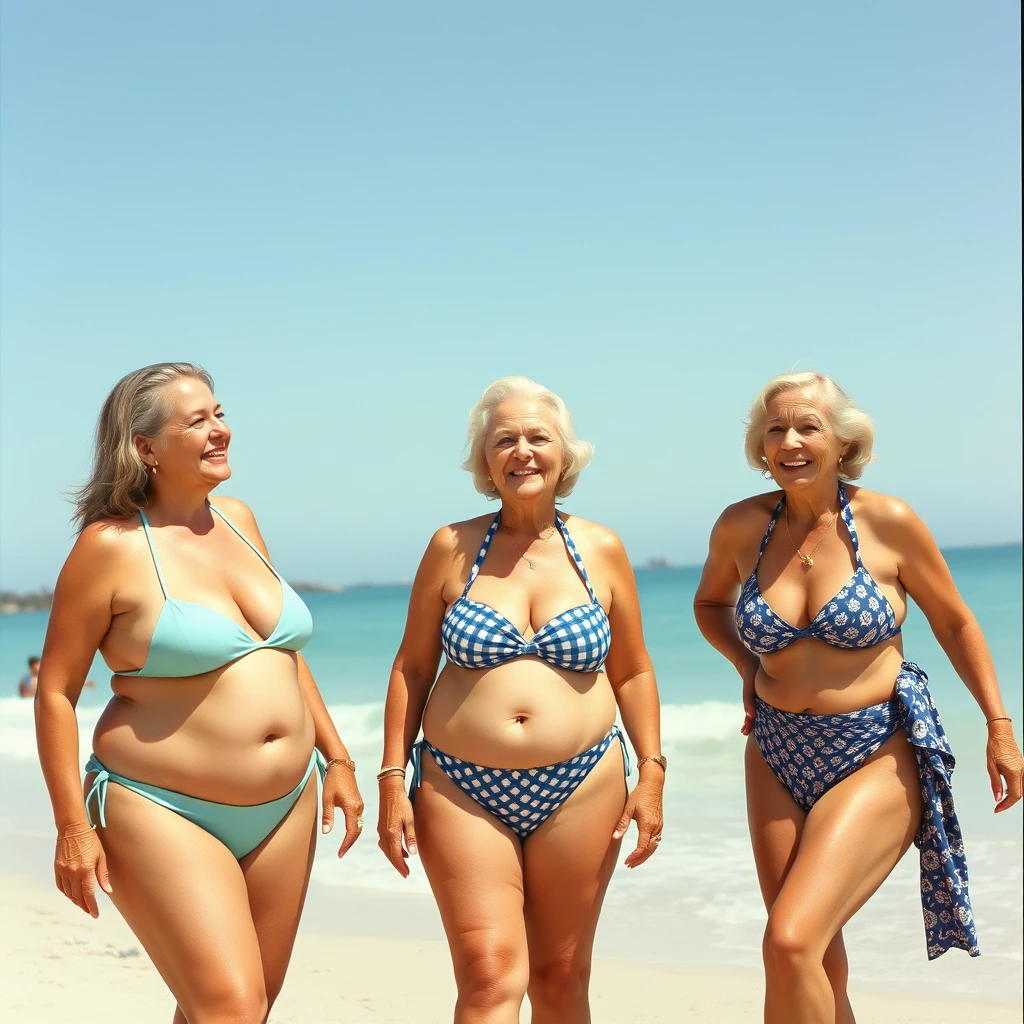 3 large old women at the beach in bikinis