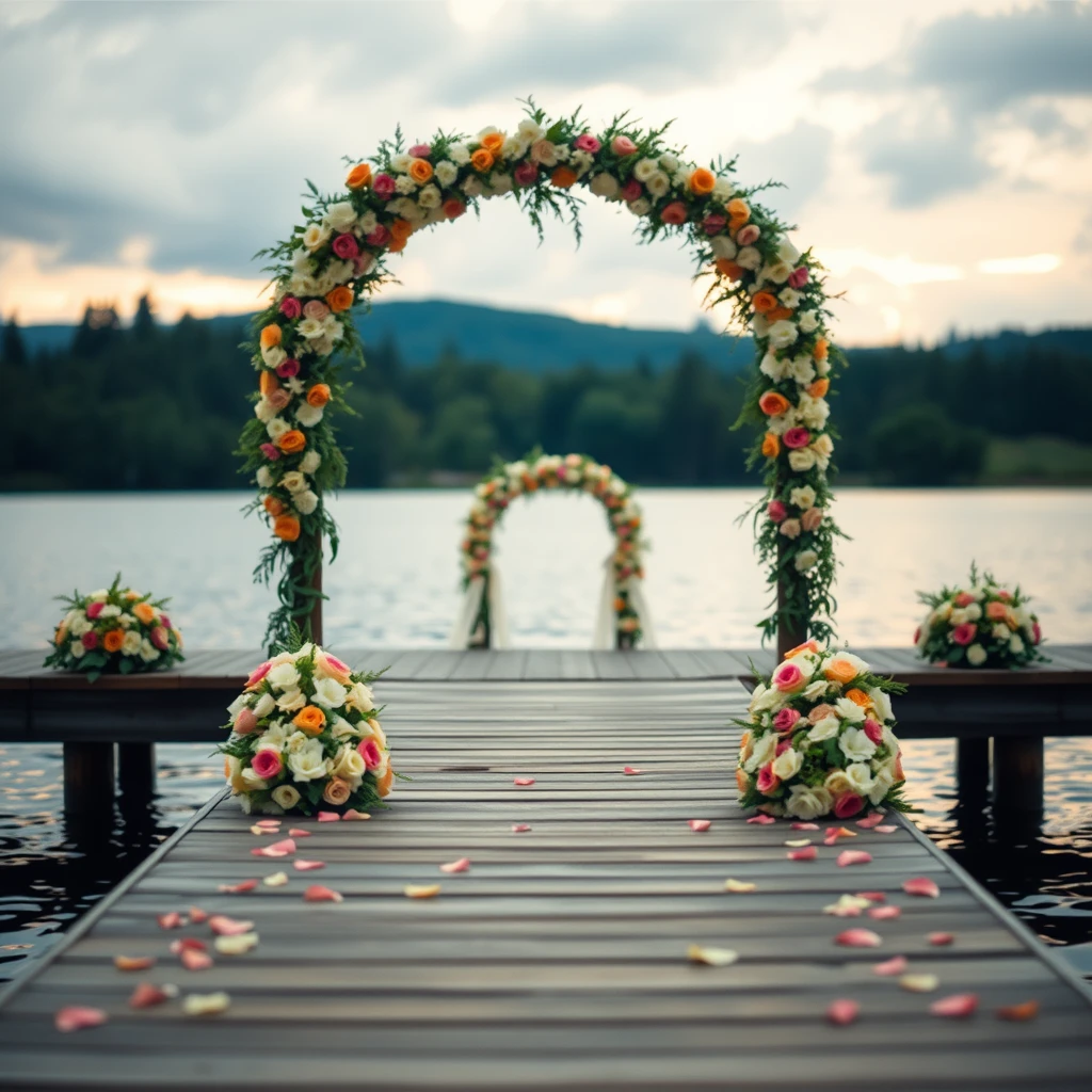 Best quality, masterpiece, extremely detailed, high depth of field, film tone, pastel colors. Set in a lakeside dock decorated with flowers, inspired by famous photography style. The scene is set during sunset, with overcast weather conditions. The background also features a flower archway, making the scene even more captivating and suitable for wedding photography.