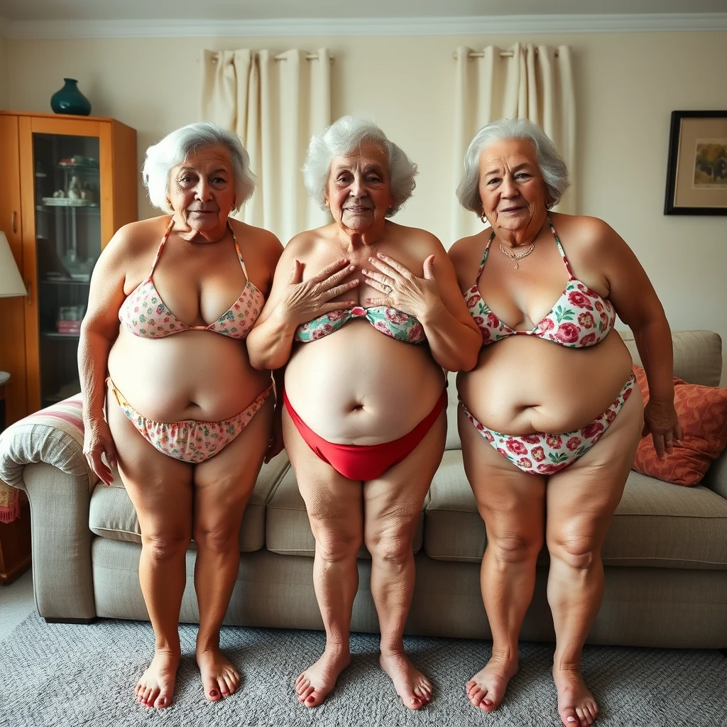 Three women of varying sizes in bikinis in a living room, aged 75 and older. Side by side, the two women on the ends have their hands covering the chest of the middle woman. - Image