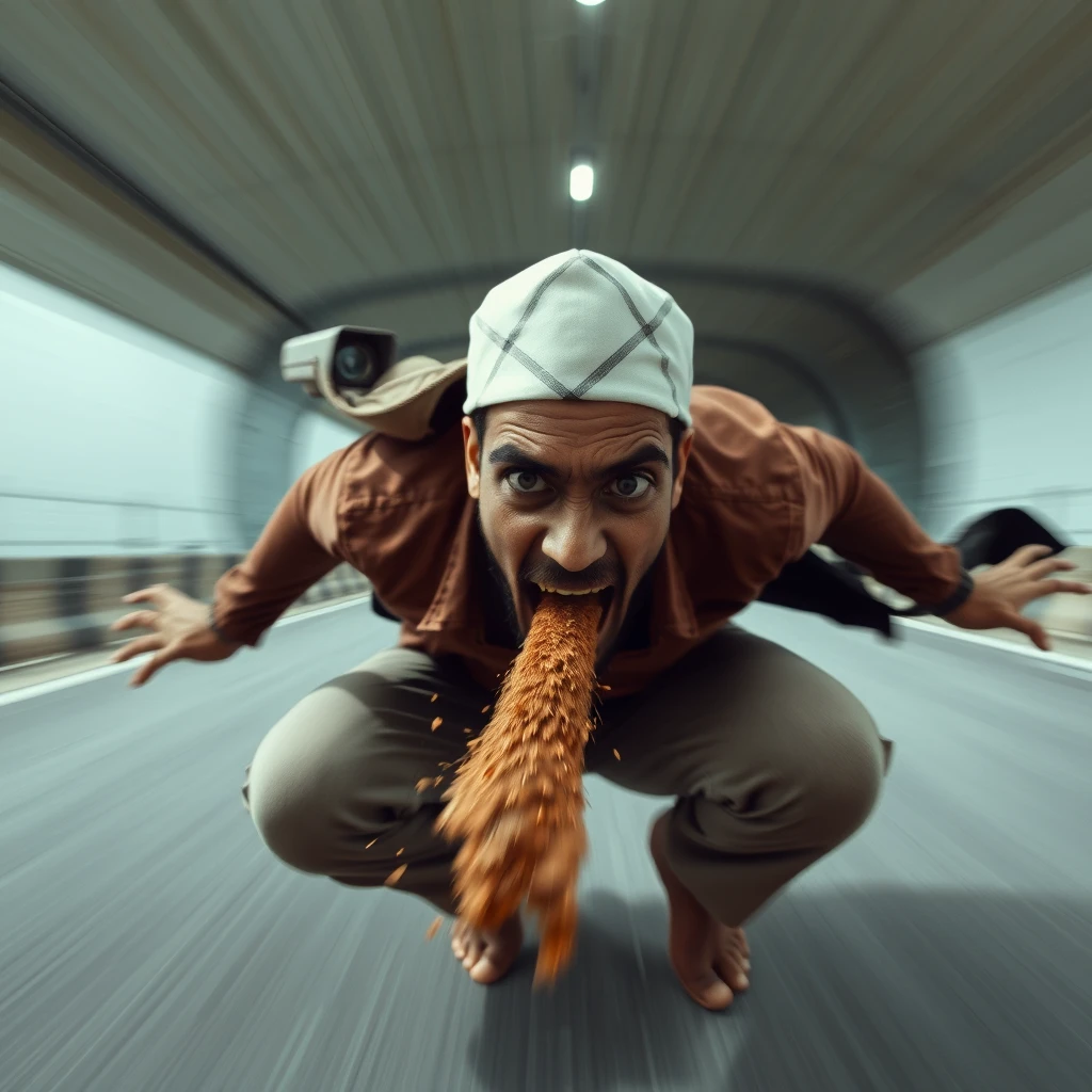 Indian man flying away at high speed 20m high, squat pose, farting high pressure stream of brown liquid coming from, low quality CCTV footage, angry screaming at camera, bulging eyes, front view, radial blur.