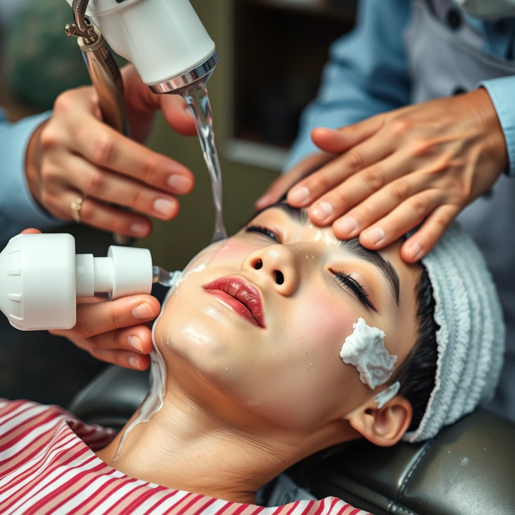 Portrait, facial shot, an elderly barber is washing the face of a 12-year-old Korean girly feminine boy in makeup lying on a barber chair with a lot of face cleanser. - Image