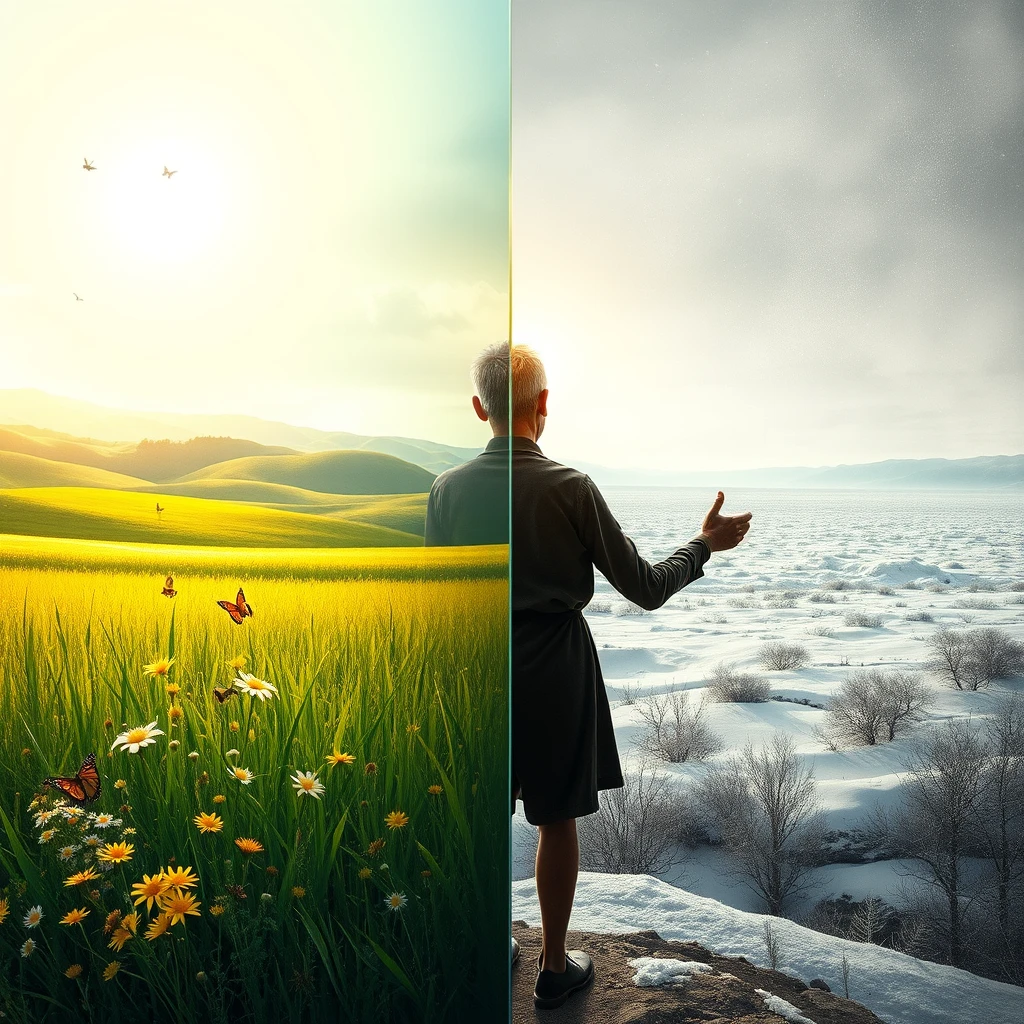 **Background and Separation:**
A large transparent glass divides the scene into two parts.

**Left Side (Bright World):**
Colors: Dominated by green, yellow, and gold, creating a vibrant spring atmosphere.
Elements: A lush prairie with clusters of flowers, colorful butterflies and bees fluttering about. In the distance, rolling hills and a light blue sky, with a few white clouds drifting lazily. Golden sunlight bathes the earth.

**Right Side (Dark World):**
Colors: Primarily gray and white, creating a cold, dim winter atmosphere.
Elements: A depiction of an icy, snowy wasteland, with snowflakes dancing in the air and the ground covered in thick snow. A frail middle-aged man stands facing the transparent glass in the dark world on the right, his clothing thin and body weak, his arms pounding forcefully against the glass. He gazes longingly at the sunlight on the opposite side, revealing a yearning for light and despair.

**Details and Atmosphere:**
Light and Shadow Contrast: Strengthen the contrast between the two worlds to make the scene more vivid and powerful.
Atmosphere Creation: Through the comprehensive use of color, light and shadow, and elements, create a striking visual effect that allows the audience to feel the human desire for beauty and the helplessness and sorrow when faced with adversity.