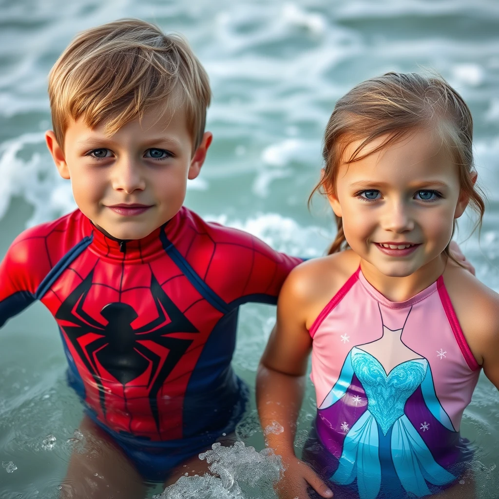 Four-year-old twins, a boy and a girl. Light brown hair and hazel eyes. Finnish looking. The boy is wearing a Spiderman UV swimming suit and the girl has a Disney's Frozen UV swimming suit. They are swimming in the ocean and there are huge waves. - Image