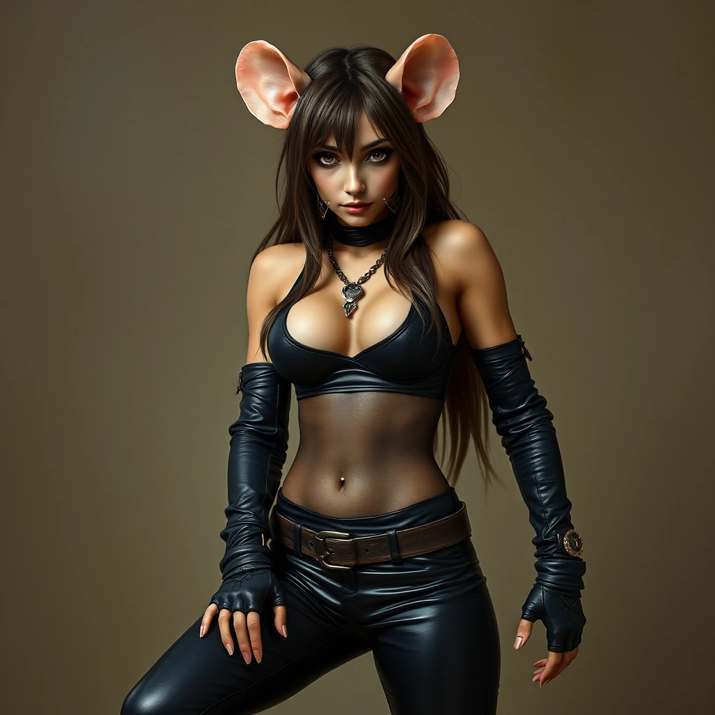 an anthro female rat, low cut top, leather pants, tight clothing - Image