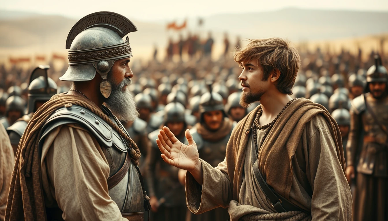 Create an image of two men arguing while onlookers crowd around. The man on the right is a young man and is wearing a simple biblical-era shepherd’s attire without any ornaments. The young man is gesturing with his right hand, palm facing skyward, as if he is explaining something to a middle-aged Mesopotamian king, who is wearing Bronze Age soldier armor. The background shows a blurred crowd of soldiers also wearing Bronze Age soldier armor. Further in the background, on the horizon stands a blurred gathering of a large Bronze Age army. - Image