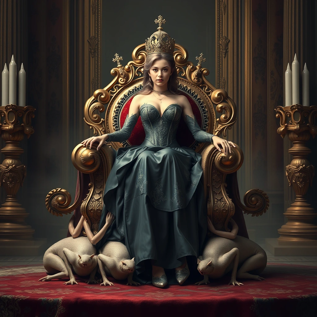 The voluptuous and alluring queen sits on a luxurious and exquisite throne, which is carried by four crawled maidens. - Image