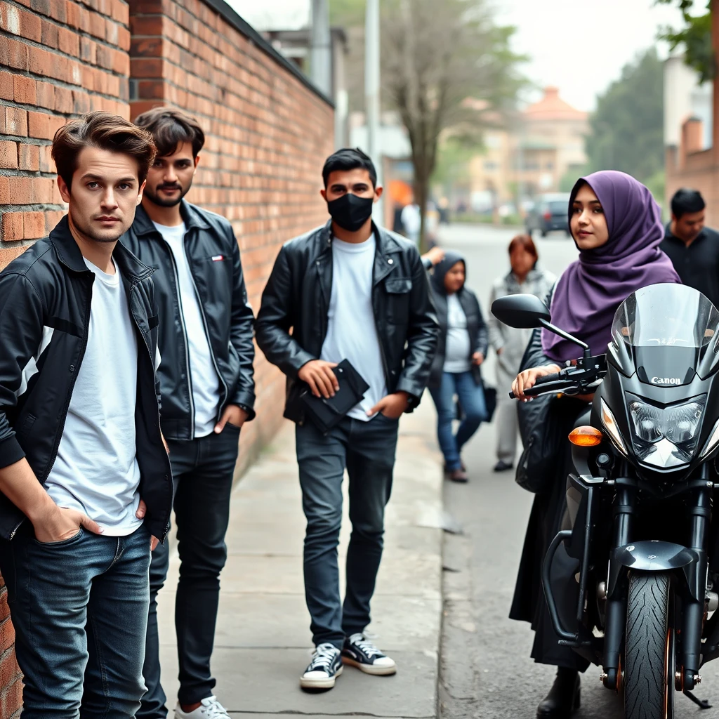 Jamie Dornan and Freddie Prinze, head and body shot, handsome, young, serious face, dark brown-haired, white t-shirt, collage jacket, skinny jeans, sneakers, standing, discussing with two guys and a short purple hijab Muslim girl, beautiful eyes, black face mask, black leather jacket, biggest black leather skirt, holding a Canon DSLR camera, near a town road, superbike, hyper-realistic, street photography, brick wall, full body photo, three other random friends at the back. - Image