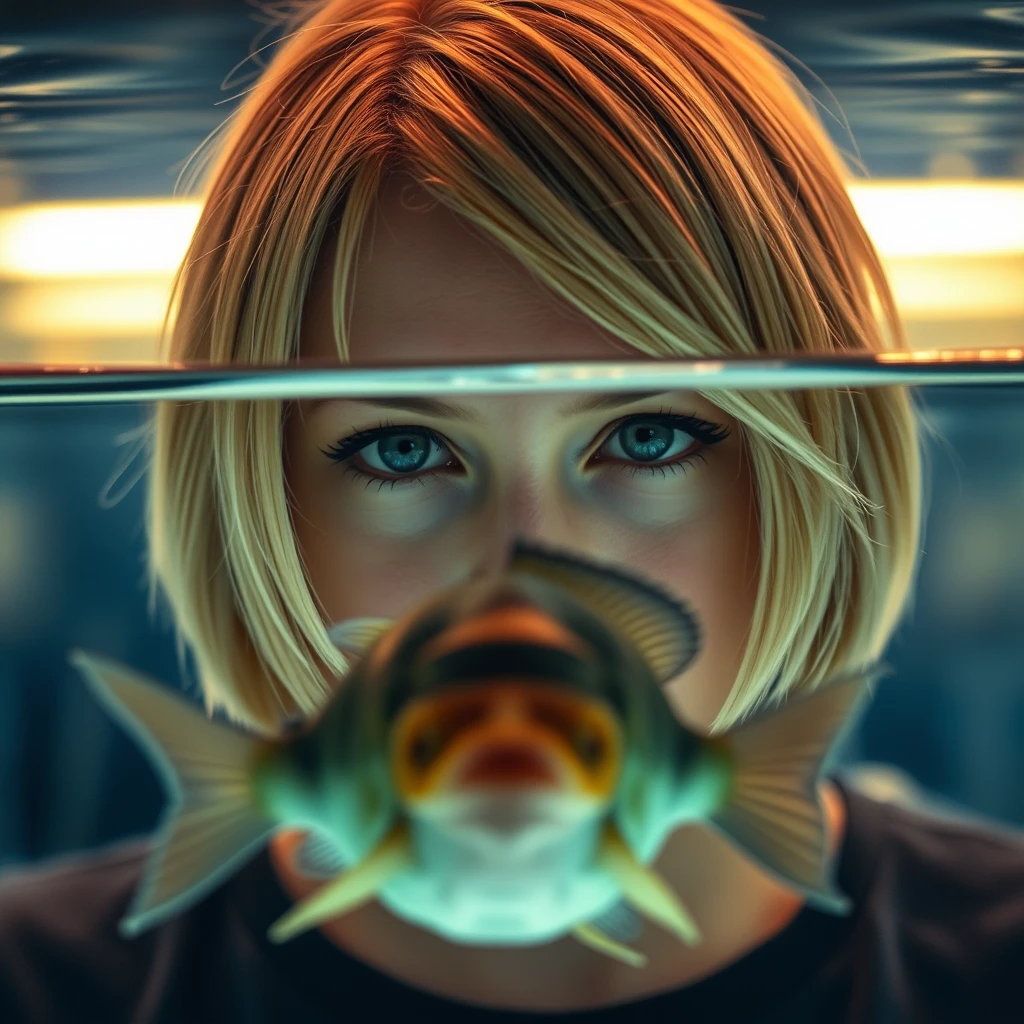 Young woman with a layered blonde bob haircut behind a fish tank, front view of face with caustic lighting, fish in front of her face, cinematography.