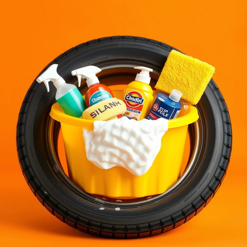 Studio photography of a used car tire with a yellow plastic bucket, a car sponge, and white foam. Various cleaning products are placed on the tire. The background is a solid orange, and the image is captured with high-key lighting from an angle that shows the front of the bucket.