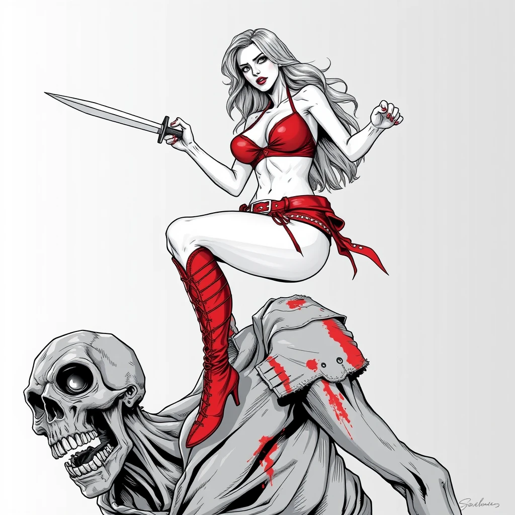 A tall mature woman in red sexy battle leather underwear rides on a zombie's shoulder with her legs open, holding a dagger and stabbing it into the zombie's head, line art. - Image