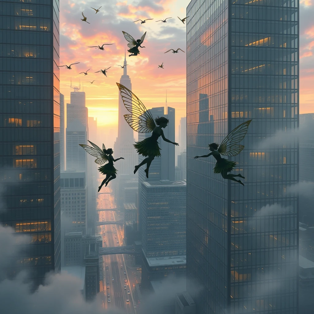 Fairies flying over modern city