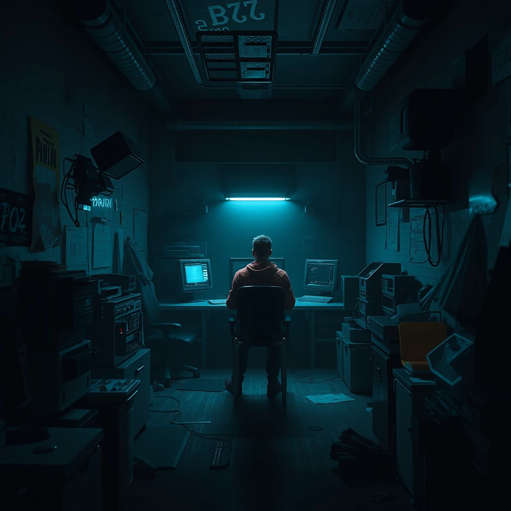 Vista, the whole room seen from a corner of the room, cyberpunk, a man facing a computer, dim room, weak light source, cluttered objects, 16:9, Concept Design, Game Design.