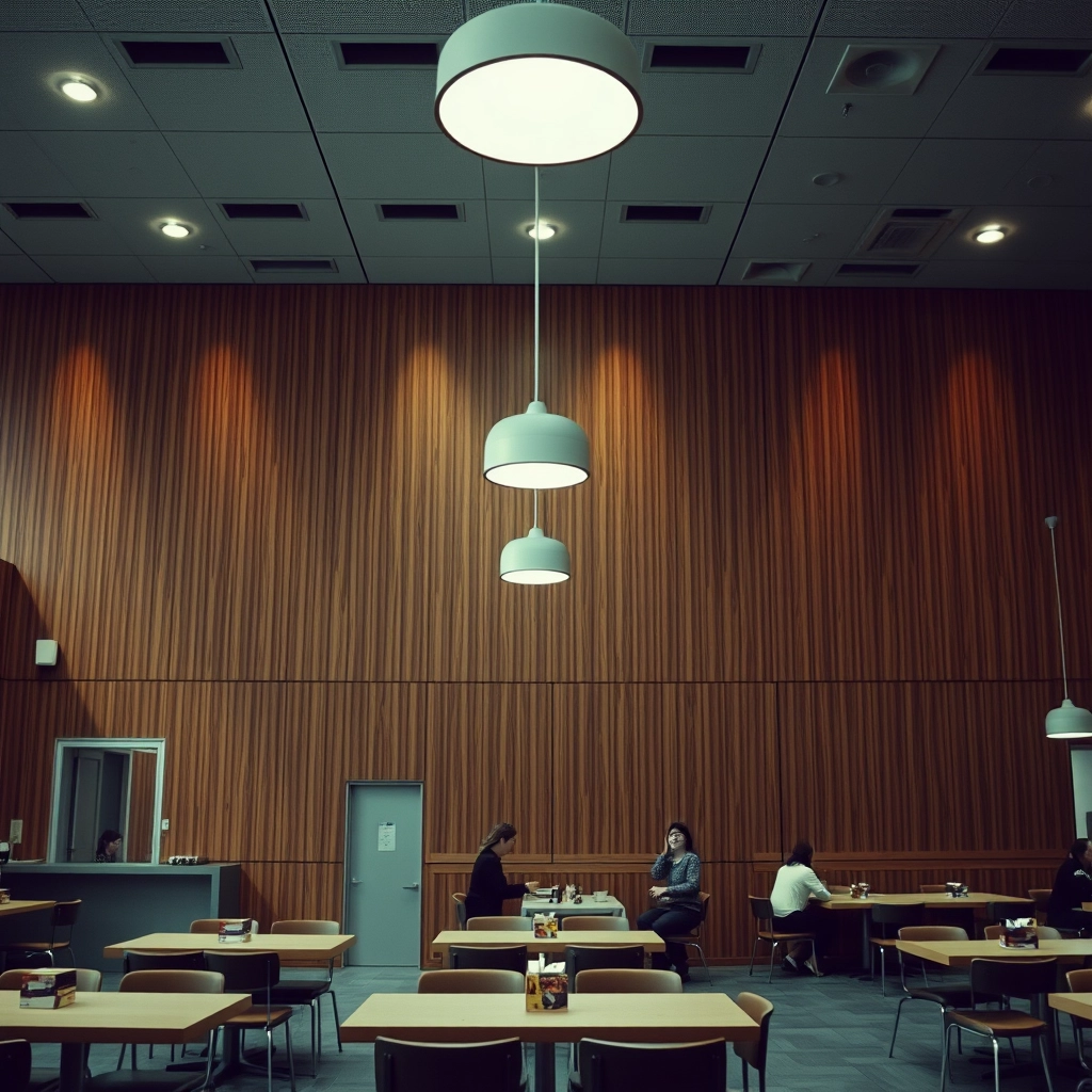 interior, company cafeteria, modern, wood panel, movie scene