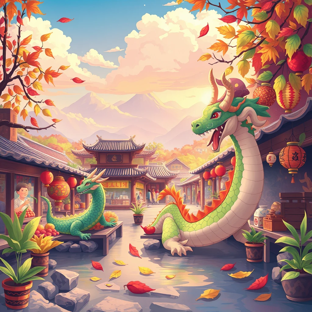   “Create a vibrant and playful illustration featuring a lively ancient marketplace with a whimsical, child-friendly style. 
  Use bold, bright colors and soft, rounded shapes to evoke a sense of wonder and excitement. 
  The atmosphere should be colorful and engaging, with abstract representations of stalls and buildings. 
  For another scene, illustrate a calm riverside with gentle, flowing lines and soft, soothing colors.
  Add a touch of fantasy with imaginative elements to make the environment inviting for children. 
  Consider a festive scene with bright, cheerful decorations and a fun, animated vibe. 
  Ensure the illustrations are highly detailed, with a high level of artistry, and are appealing and engaging for a young audience.”

a majestic, serene landscape of a dragon and leaf public in the ancient times, with vibrant colors, anime style, dragons playing with leaves, beautiful scenic view, mountains in the background, peaceful atmosphere, ((masterpiece))