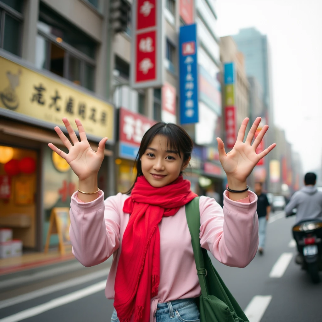 Asian woman holding hands out in the middle of the street.