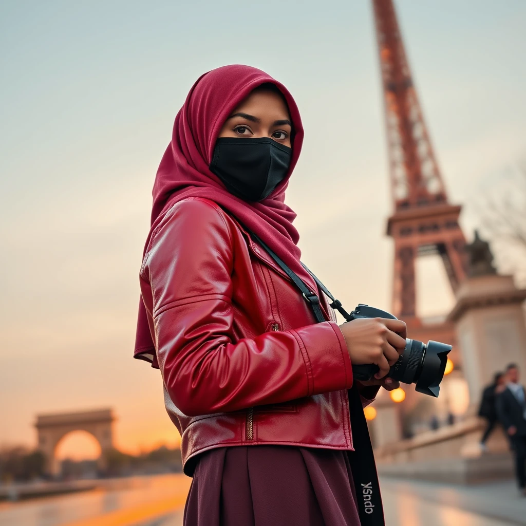 Biggest soft chocolate hijab Muslim girl, beautiful eyes, black face mask, red leather jacket, biggest skirt, holding DSLR Canon camera, sunrise, morning scenery, Eiffel Tower, hyper-realistic, street photography.