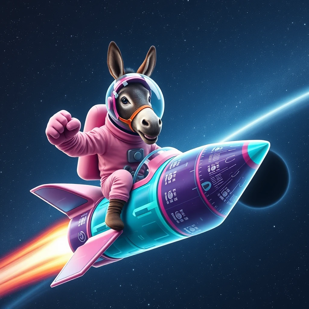 An ambitious donkey wearing pink astronaut costume, riding on a crystal stunning cyan spaceship, making a punching gesture, flying to the outerspace under a clear night sky with lots of shining stars, passing by a huge black-hole. Realistic style.