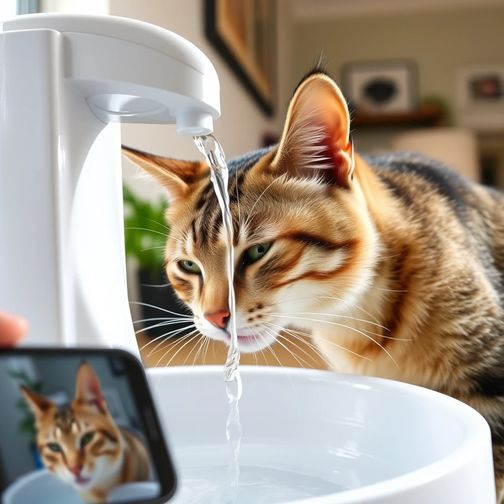 A cat drinking water from a pet water fountain, captured from the perspective of a mobile phone. The scene is indoors, with the cat's face close to the water stream that bubbles up from the fountain. The pet water fountain has a sleek, modern design, and the environment is well-lit with natural lighting. The cat is focused on drinking, and the image shows a clear, detailed view of its head and upper body. The background includes a hint of home decor, indicating a cozy living space.
