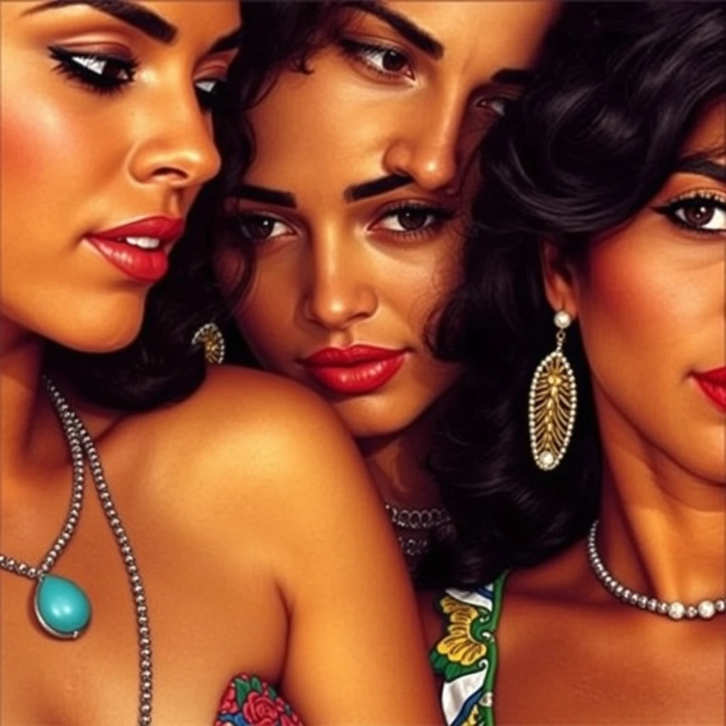 Close-up scene of Colombian ladies, Milo Manara style.