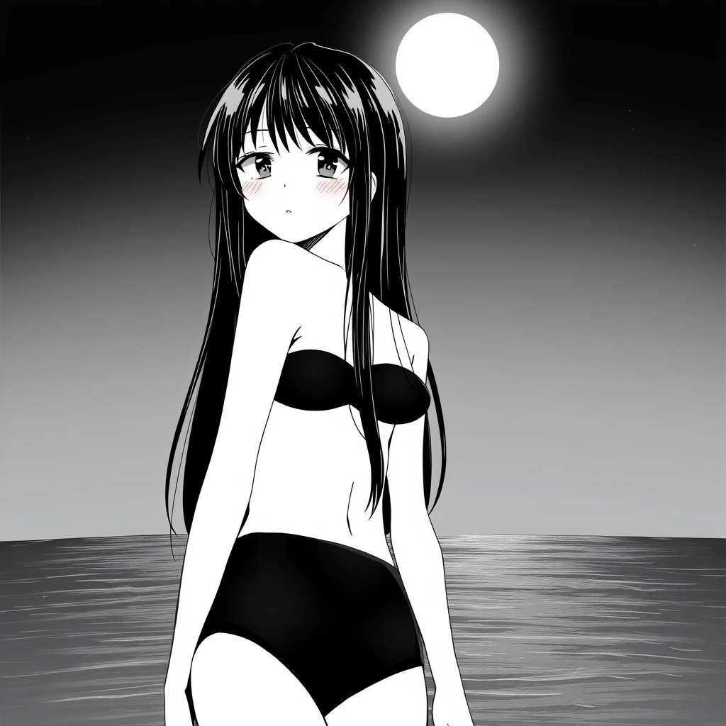 Girl with long, black hair in a black bikini. In the background, a black sky with a big, bright moon. Manga, grayscale. - Image