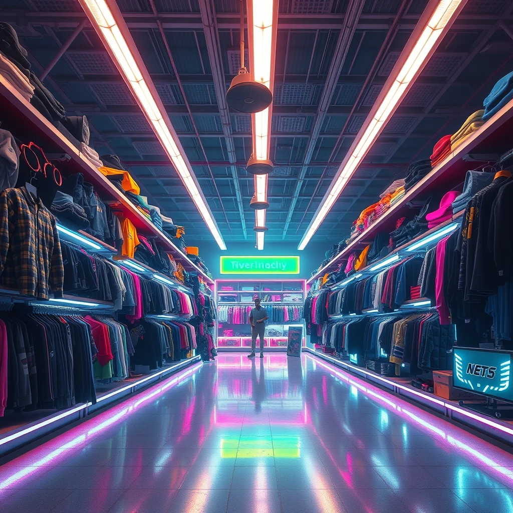 wear store, nobody, big room, bright surrounding, cyberpunk