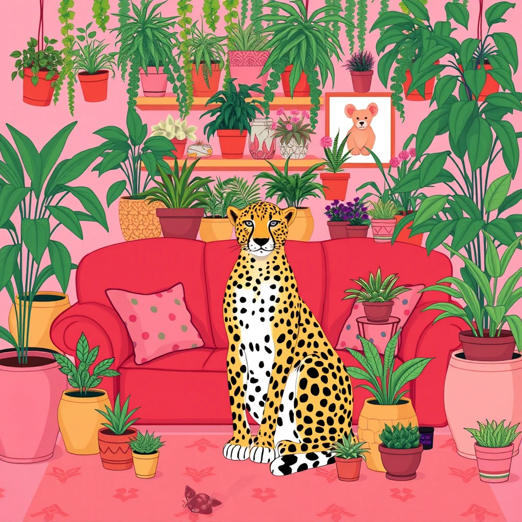 A maximalist illustration of a cheetah sitting in a pink living room on a red couch with tons of flower pots. - Image