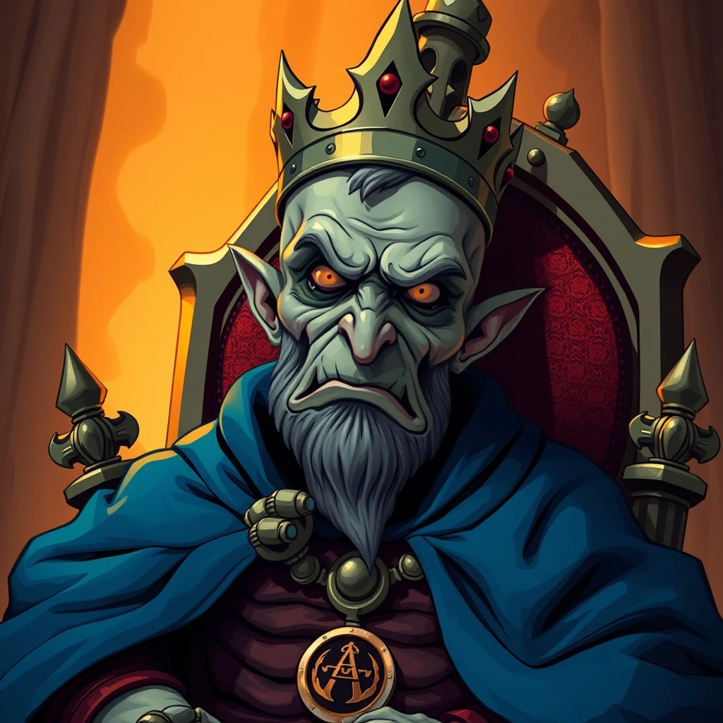 A sickly looking evil human king on a throne with a blue cape. - Image