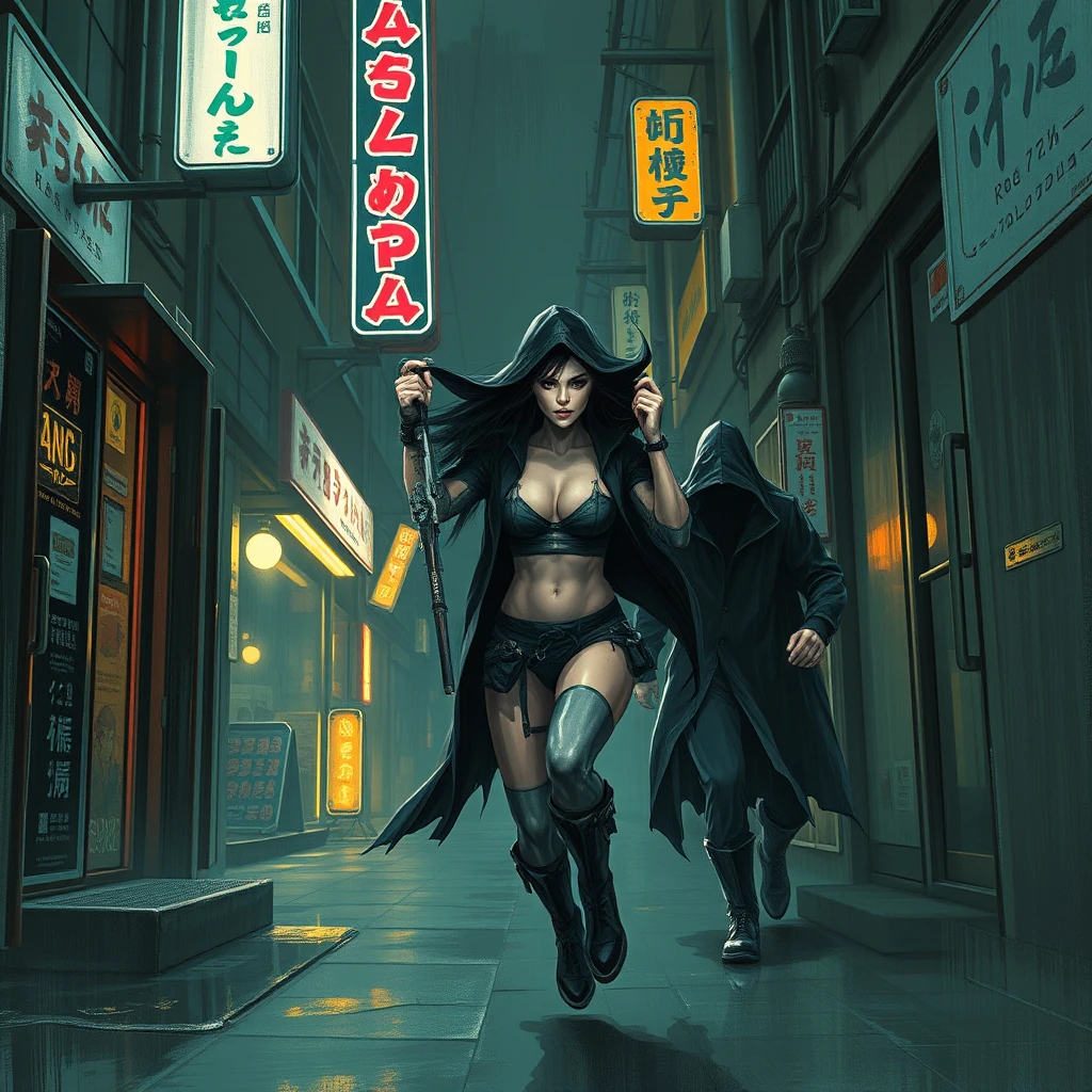 beautiful alluring cyberpunk female running down a dark dystopian urban alleyway being chased by cyberpunk assassins in hooded cloaks, brushed stroke dark overwatch art style, grunge art style, overwatch style, street fighter style, japanese shop signs, neon lights with realistic lighting, dark and gloomy, ink brush strokes style, realistic lighting, realistic reflections, high quality, 8k - Image