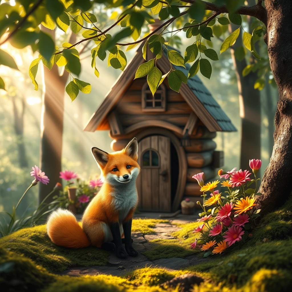 A whimsical fairytale shot of a cute fox sitting in front of a charming, little wooden house nestled in a magical forest. The scene is illuminated by soft morning sun rays filtering through the leaves, casting dappled light on the vibrant, colorful flowers surrounding the house. The forest is lush and enchanting, with hints of moss on the ground and tree trunks, creating a serene and inviting atmosphere. - Image