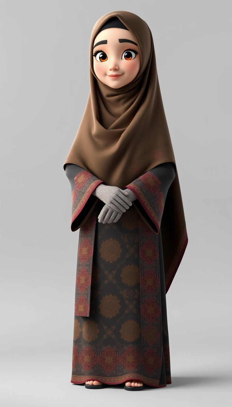 A 3D, 8k animated cartoon depiction of a Muslim woman from Palembang, wearing a traditional long songket and a long gown (gamis). She is adorned with a hijab that covers her chest and wears batik gloves covering her hands.