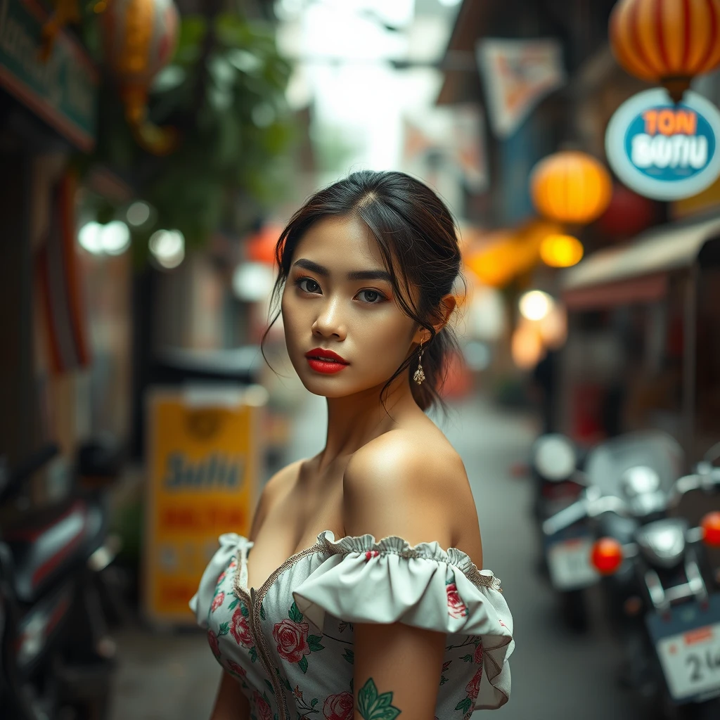 Immerse yourself in the captivating portrait of a stunning Thai woman in the enchanting streets of Bangkok. This cinematic photoshoot, meticulously crafted, showcases her beauty with precision. Shot on a 25mm lens, the depth of field and tilt blur create a compelling narrative. With settings like 1/1000 shutter speed, F/22 aperture, and calibrated white balance, the breathtaking 32k resolution reveals remarkable details. Super-resolution preserves nuances, while Pro Photo RGB enriches colors. Lighting techniques, from half rear to backlighting, accentuate elegance. Volumetric, Conte-Jour, and global illumination add depth. Scattering, reflections, and artistic elements enhance realism. Technical advancements like anti-aliasing and ambient occlusion refine quality. Prepare for an extraordinary blend of photography and CGI, where intricacy meets grace.