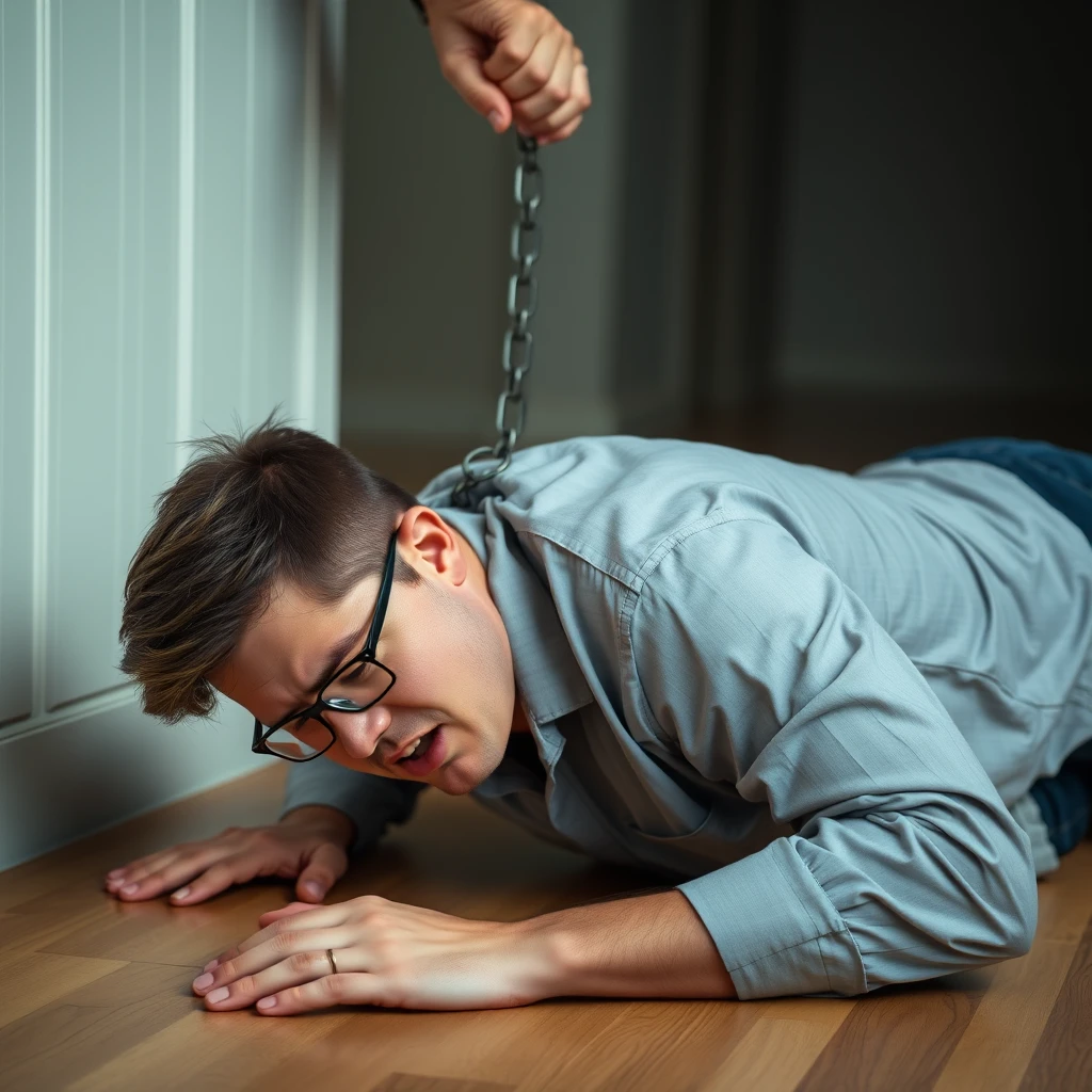 Can you generate an image of a woman holding a chain connected to a collar that a man is wearing while crawling on the floor? The man is wearing glasses and is in pain. He is young and a little plus-sized, and both subjects are of Caucasian descent. Please show both people fully. - Image