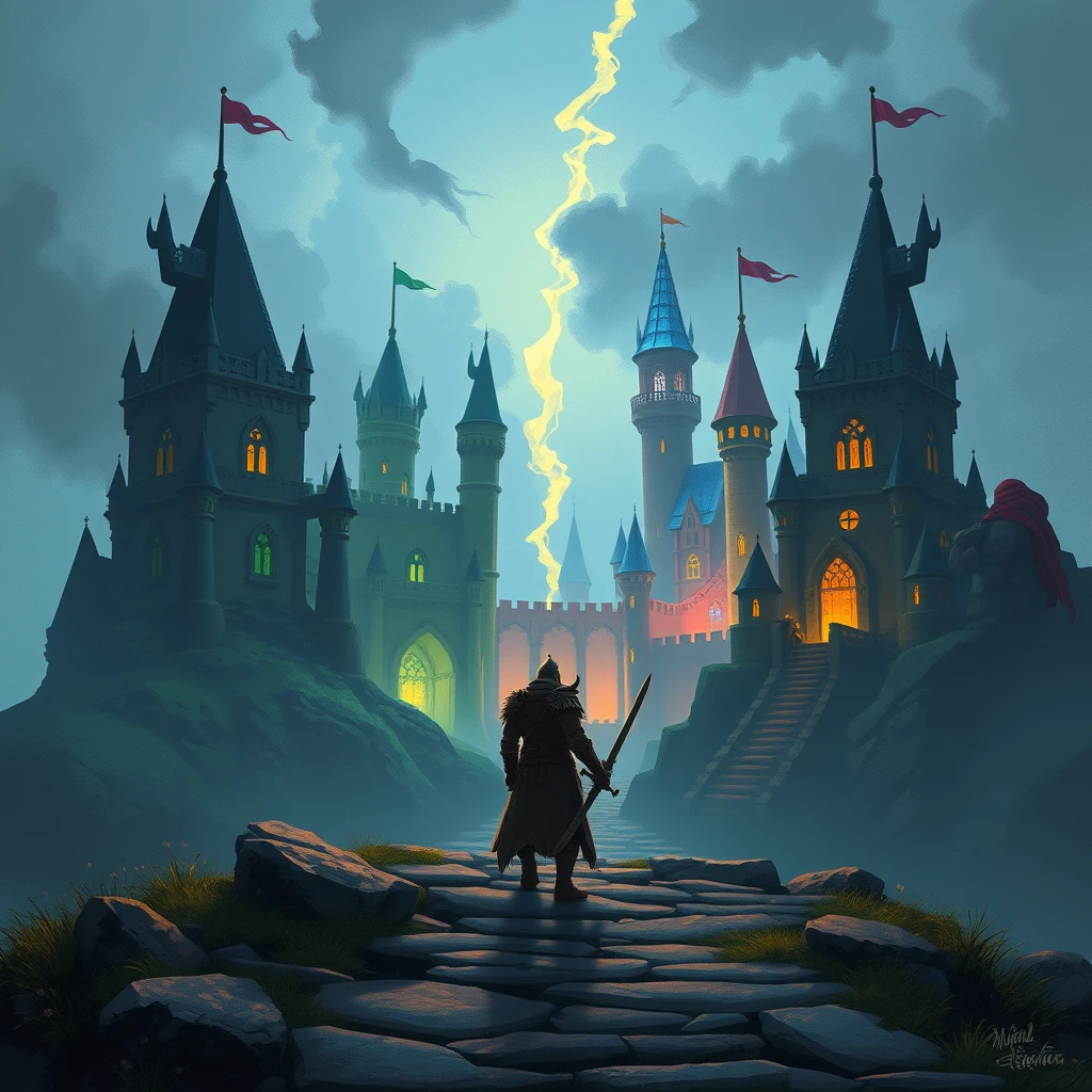 Dark fantasy animation. A warrior approaches 4 castles; show this in 4 frames. Each castle represents the elements. - Image