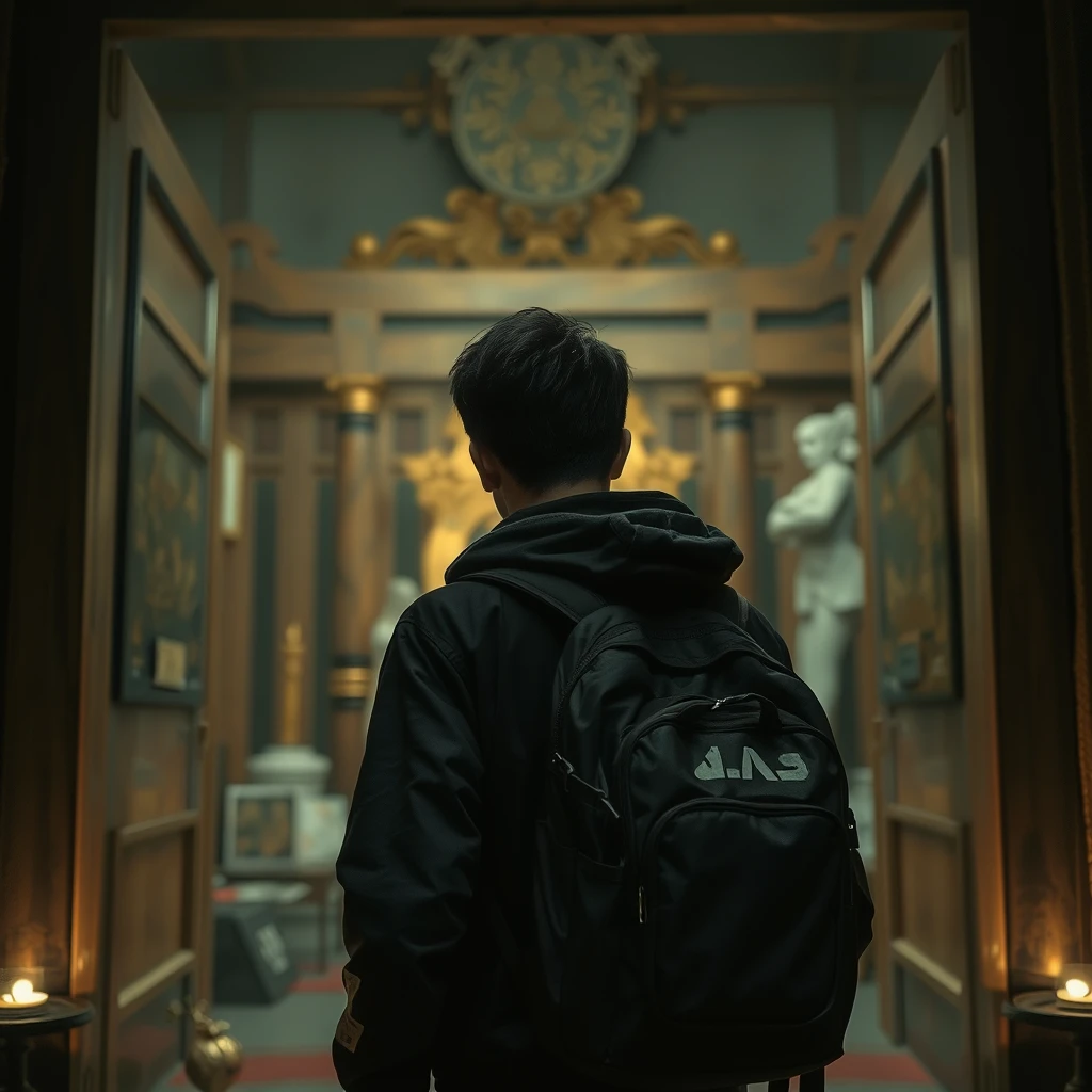 A young man with a backpack and jacket stepping into a shrine, indoors, dark surroundings, curious, reality. - Image