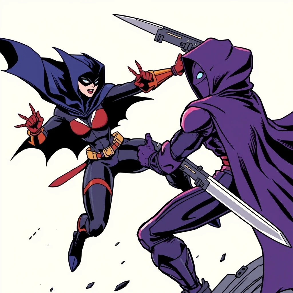 Raven from Teen Titans, DC Comics style, fighting Deathstroke. - Image