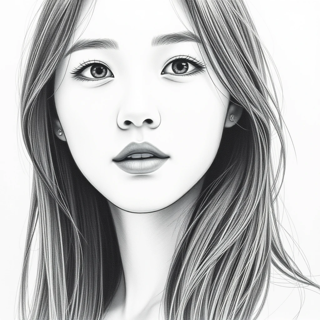 Black and white pencil sketch drawing of a Young beautiful Asian cute lady, Portrait, Photographic and realistic, Extreme realism, Skin texture, White background, Kodak Portra 800, Leica 50mm, Unreal Engine 5, Ray tracing, Ultra hight detailed, Ultra Hight Quality, 8k - Image