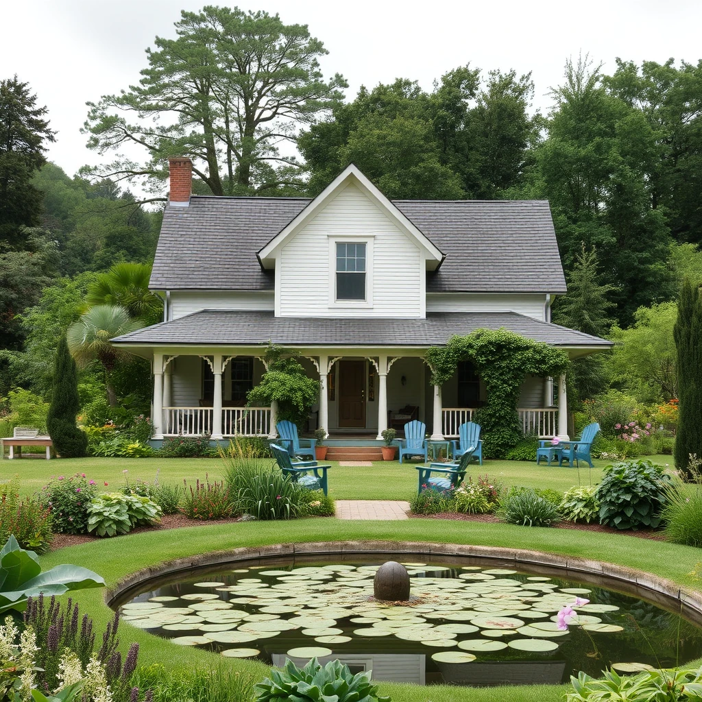 'A house in a large garden with a porch and lots of plants. A pond can be seen in front, and trees behind.' - Image