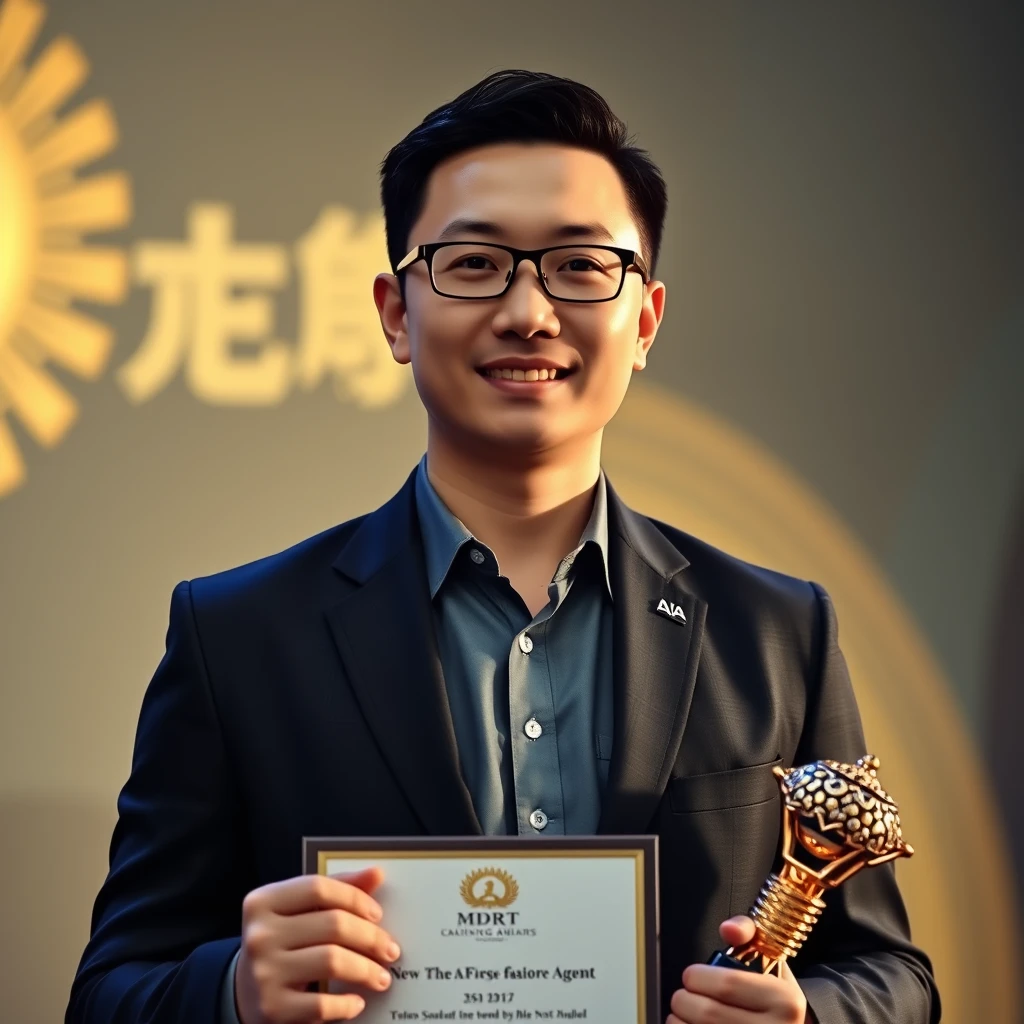 Generate a realistic photo of a Chinese male insurance agent from AIA. 35 years old, posing for his full body portrait photo at an annual award presentation night, receiving his MDRT recognition. - Image