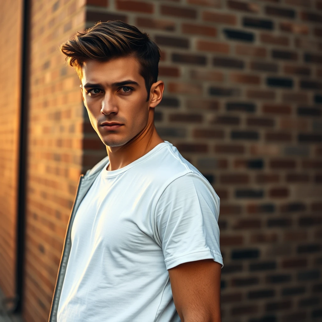 Freddie Prinze head and body shot, handsome, young, serious face, white t-shirt, collage jacket, jeans, sneakers, looking back, hyper-realistic, street photography, brick wall, full body photography, sunrise.