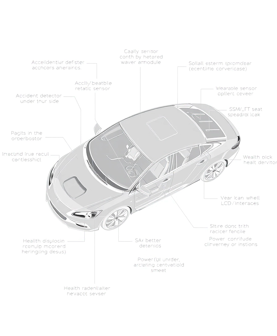 Create a detailed black and white sketch of a car equipped with an advanced accidental alert system, focusing on the hardware components and their specific installation locations. The microcontroller/processor should be shown mounted under the dashboard or in a central control unit. Illustrate the accident detection sensors, with the accelerometer and gyroscope integrated into the vehicle’s central control unit or under the dashboard, and impact sensors placed at strategic points around the vehicle (front, rear, and sides). Depict the communication modules, including the GSM/LTE module under the dashboard or in the central control unit, and the Wi-Fi/Bluetooth module integrated with the microcontroller. Show the GPS module mounted on the dashboard or integrated into the vehicle’s navigation system. Include the health monitoring devices such as wearable health devices worn by the driver on their wrist, an infrared camera mounted on the dashboard facing the driver, pressure sensors integrated into the steering wheel, and a heart rate monitor embedded in the driver’s seat or steering wheel. Display the power supply with the battery pack mounted in the trunk or under the rear seat. Illustrate the user interface components, including the LCD/TFT display mounted on the dashboard within the driver’s line of sight, a buzzer/alarm integrated into the dashboard, and LED indicators positioned on the dashboard. Show the data storage with the SD card module integrated with the microcontroller/processor. Additionally, depict the necessary wiring connecting all components, running neatly through the vehicle. The sketch should clearly depict the placement of each hardware component within the car, providing a comprehensive visual representation of their integration in the accidental alert system. - Image