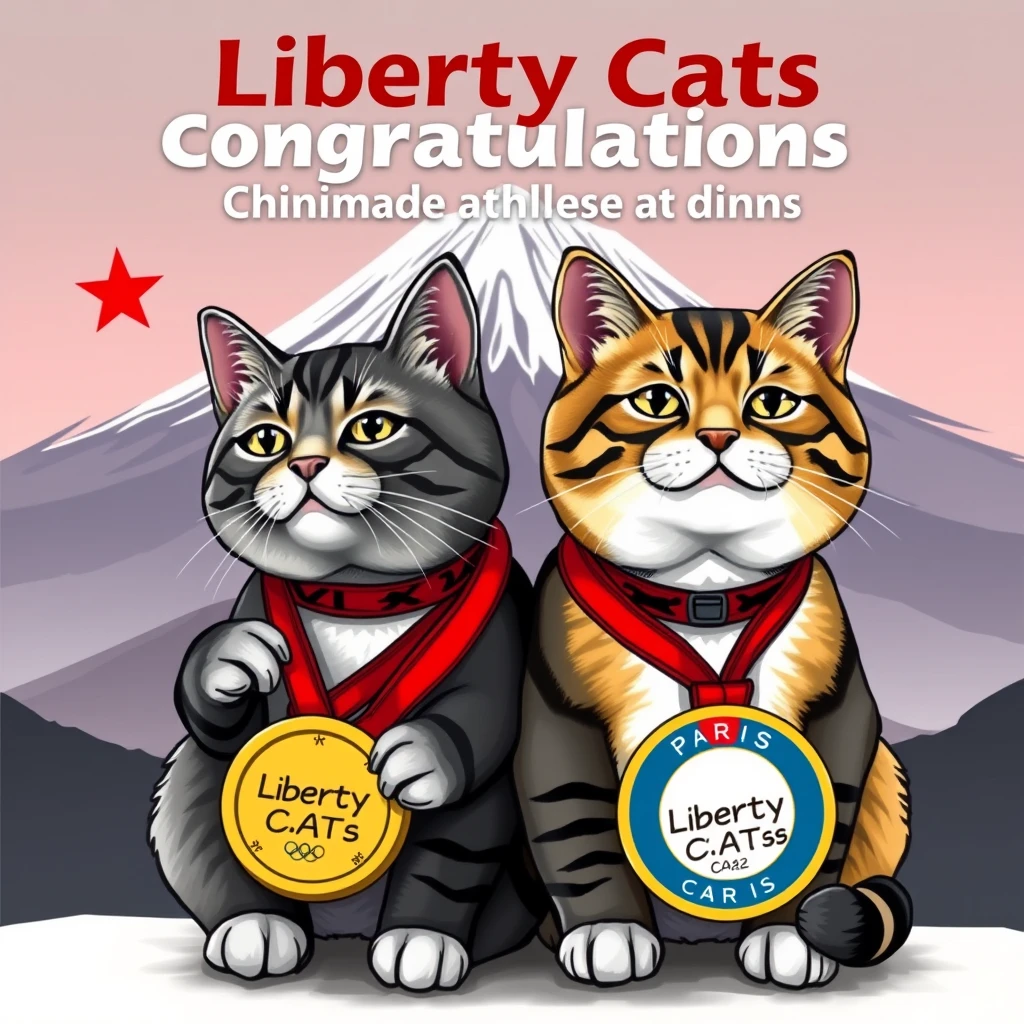 draw a pic with "Liberty Cats Congratulations chinese athletes " big text on the Mount Fuji backgroud,AND tow mosaic style cats  in front it together , carring a Paris Olympic gold medal  logo with text "Liberty Cats"
