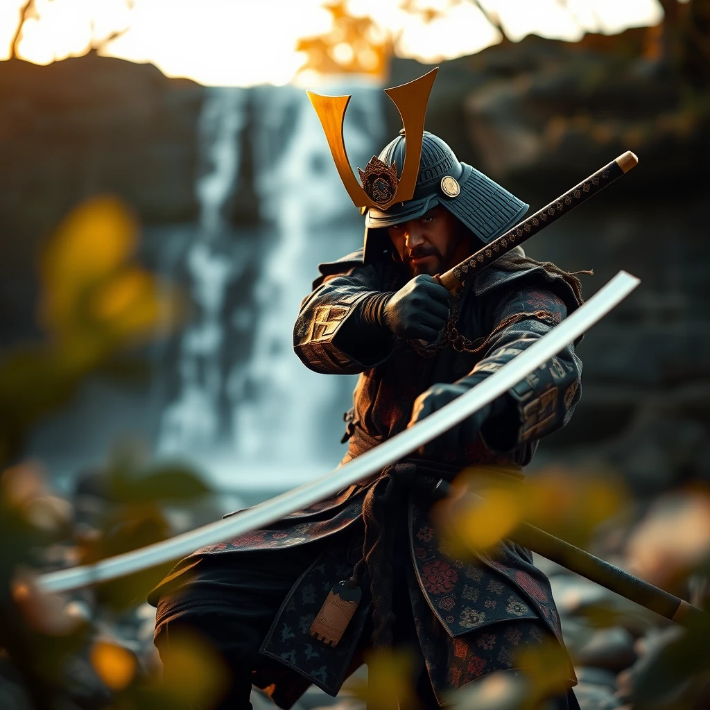 An aggressive samurai swinging his katana, at a waterfall, bokeh, foreground blur, golden hour, intricate detail.