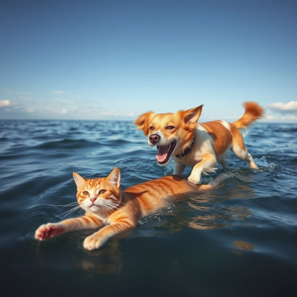 a cat is swimming and a dog is flying