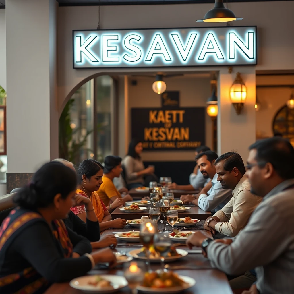 Scenery of Indian people eating at a minimalist traditional aesthetic Chettinad interior Indian restaurant with signage written "KESAVAN", bokeh, golden hour, white and dark blue and maroon theme colors.